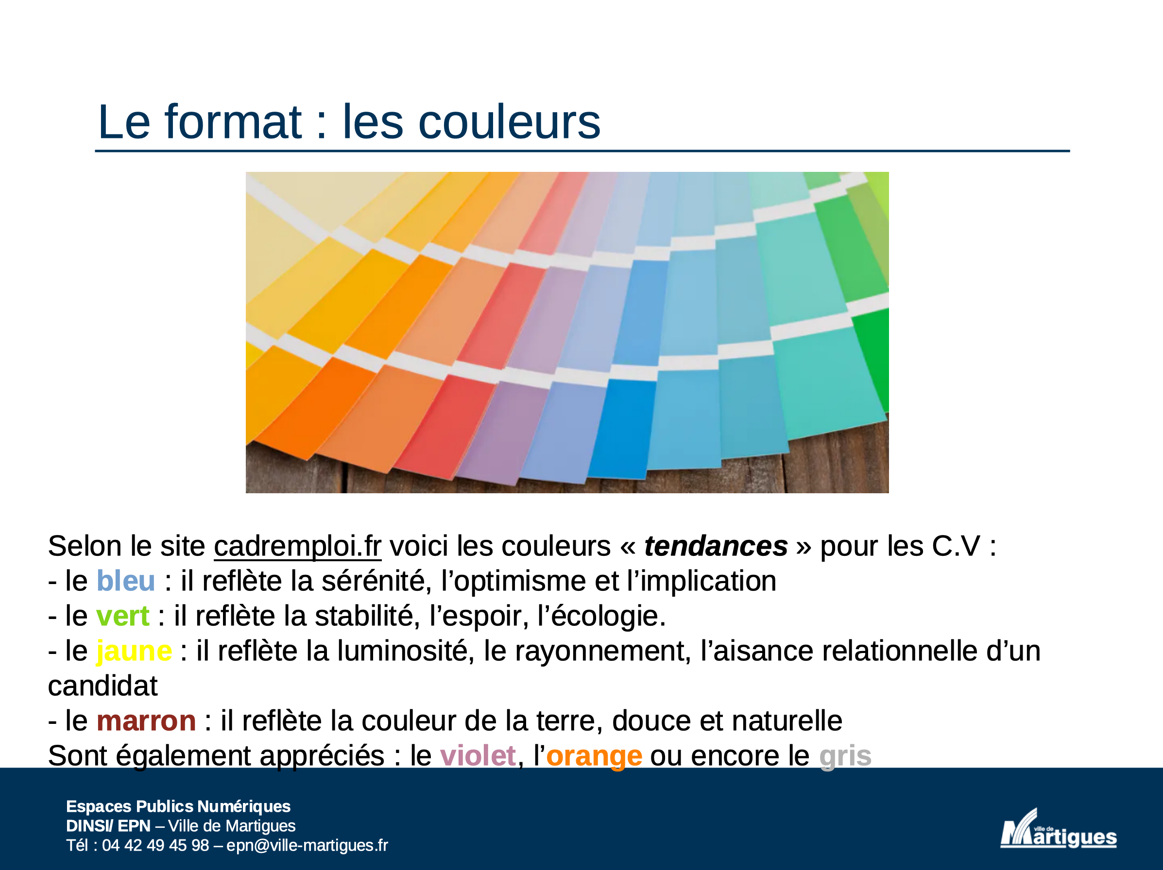 Diapositive de la présentation de l'atelier sur le choix des couleurs (1)