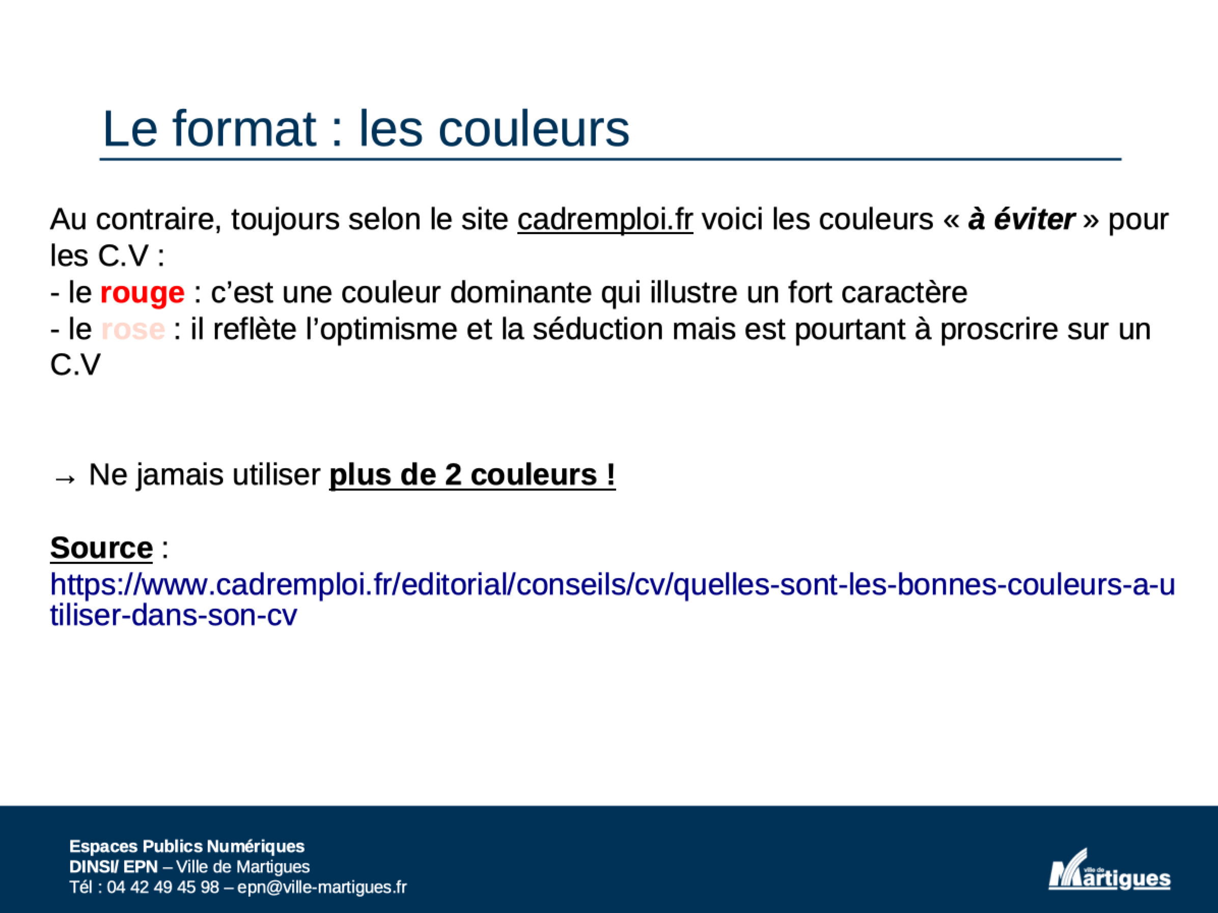 Diapositive de la présentation de l'atelier sur le choix des couleurs (2)