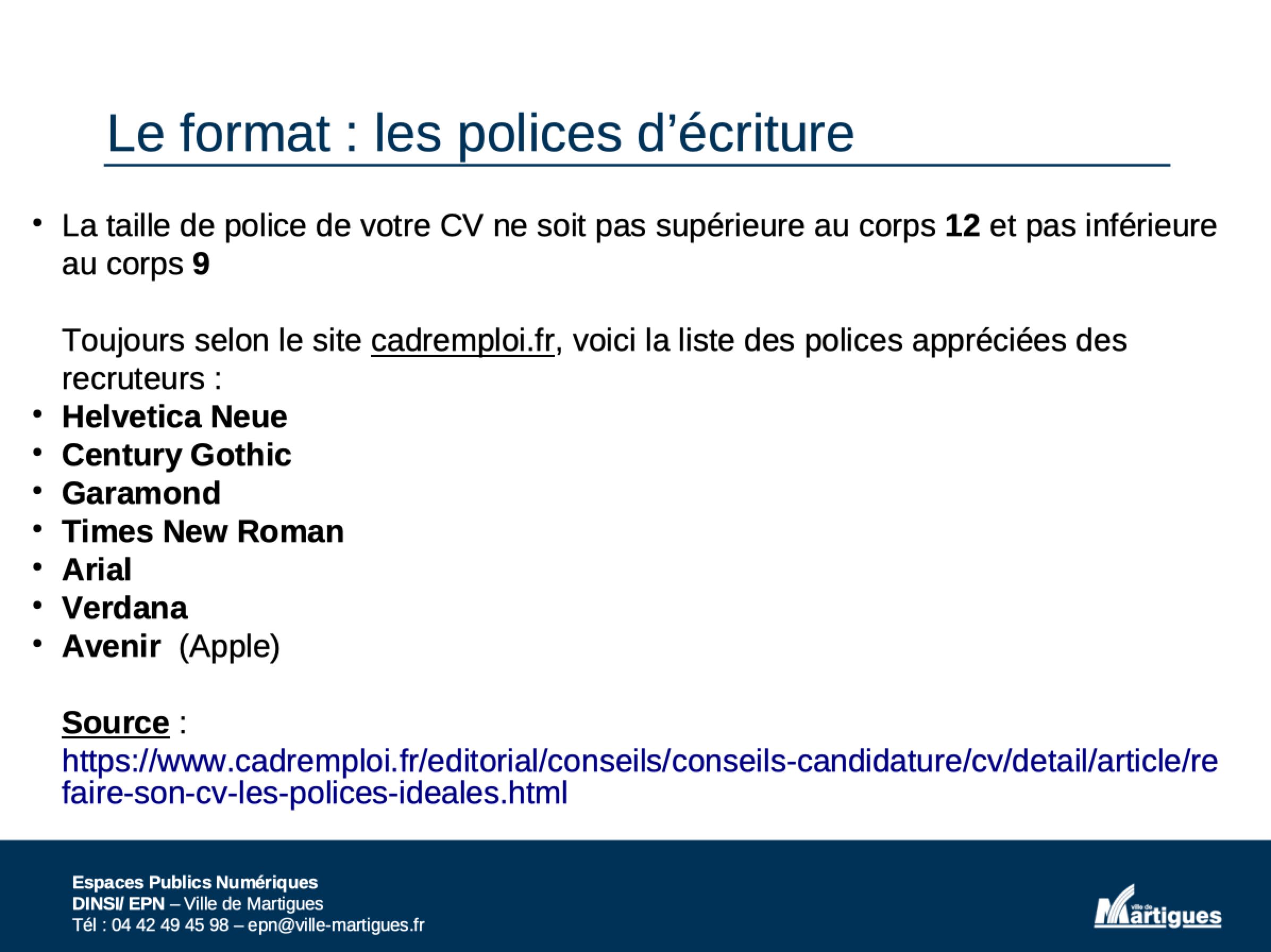Diapositive de la présentation de l'atelier sur le choix des polices