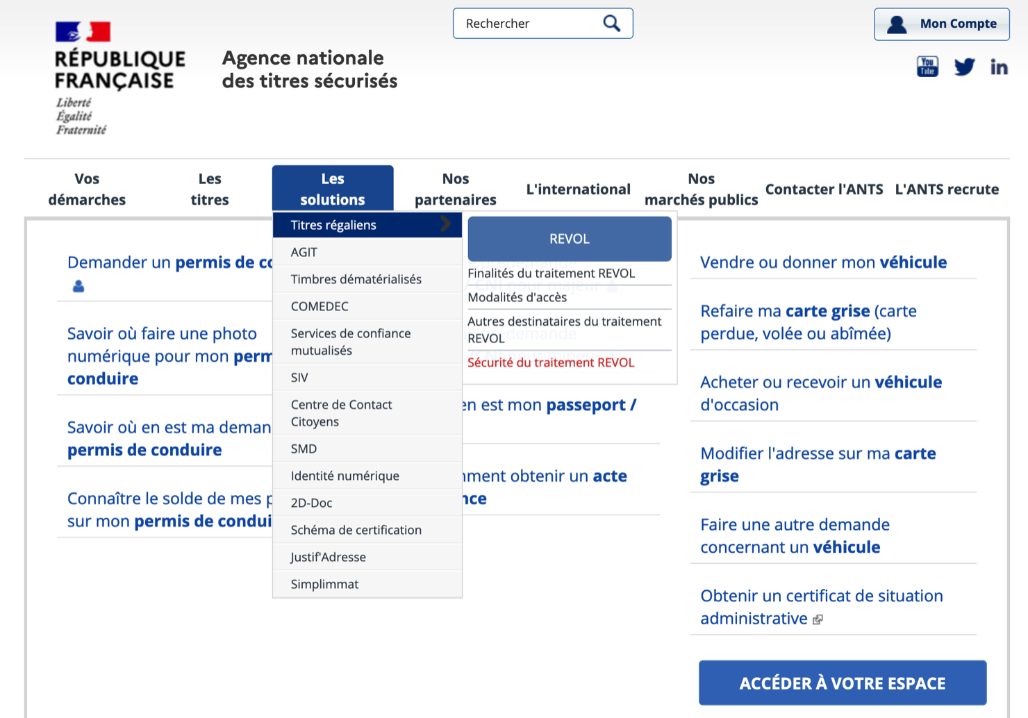 Capture d'écran du site Web de l'ANTS